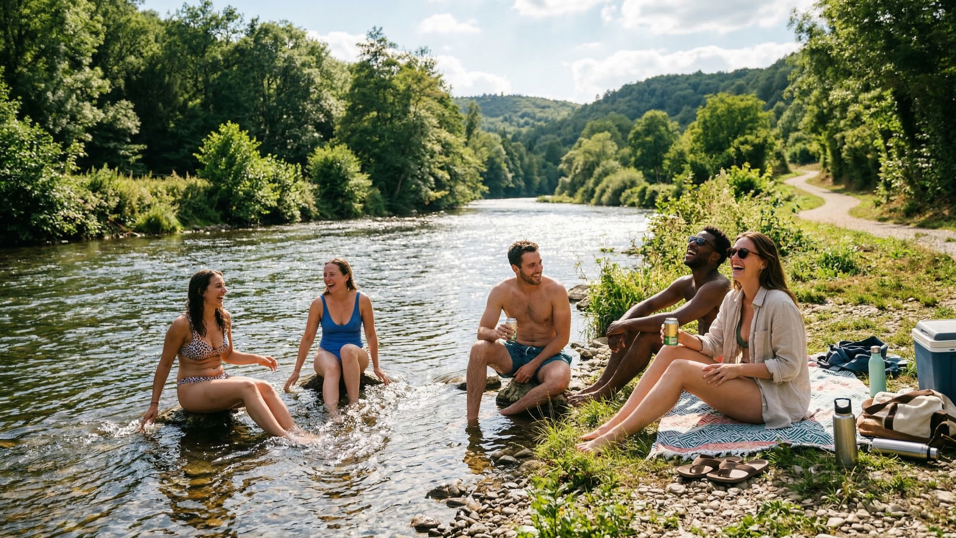 Groupe d'amis en vacances au bord de la rivière, ambiance estivale