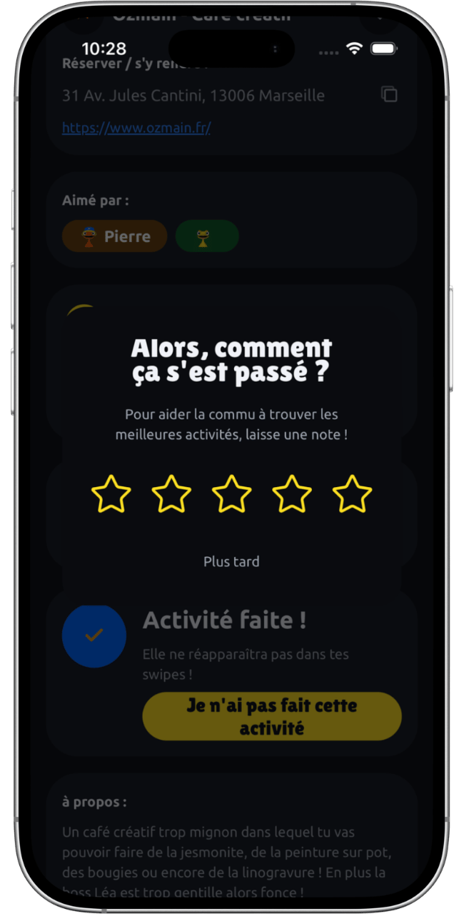 Écran Avis de l'application Activiz
