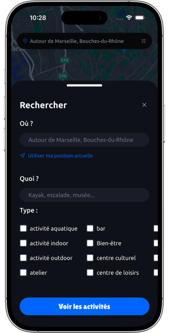 Écran Filtres de l'application Activiz